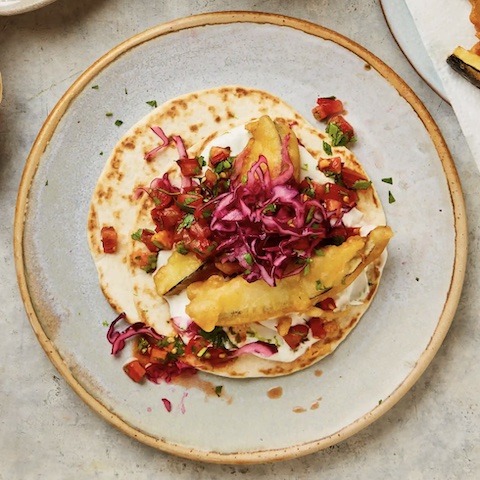 Beer battered eggplant tacos