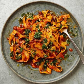 Charred red pepper tagliatelle