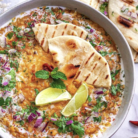 Dal with eggplant pickle