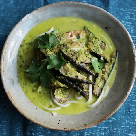 Eggplant, coriander and lemongrass soup