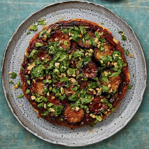 Eggplant, peanut and herb tarte tatin