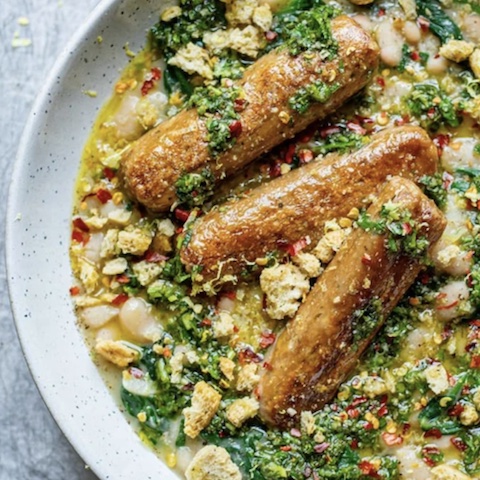 Garlicky beans and sausages