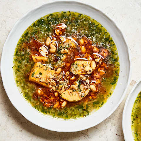 Herby kumara soup with peanuts