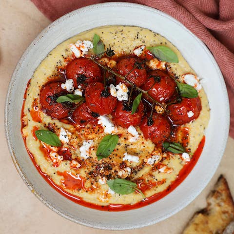 Polenta with roasted harissa tomatoes
