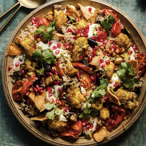 Roast cauliflower and eggplant fatteh