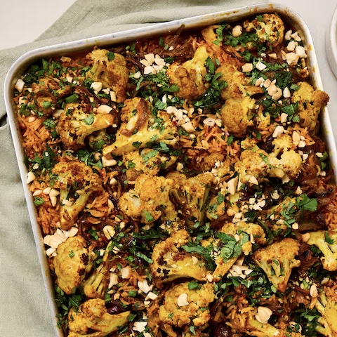 Roast cauliflower with harissa pilaf