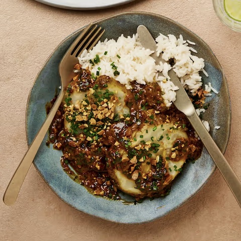 Roast celeriac with chive chilli oil