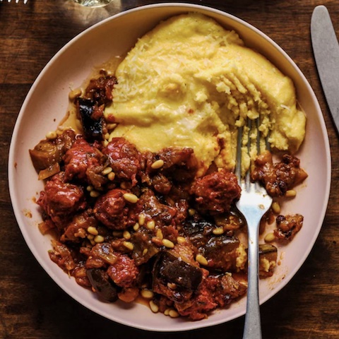 Sausage and eggplant ragu with polenta