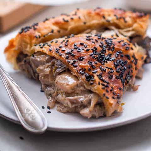 Sesame crusted mushroom pie