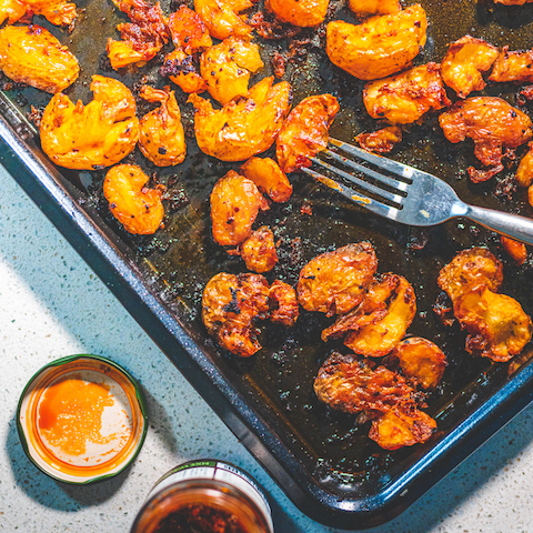 Smashed harissa spuds