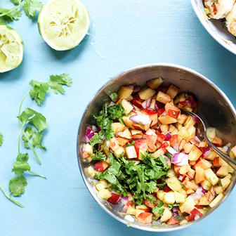 Spicy tofu with peach salsa