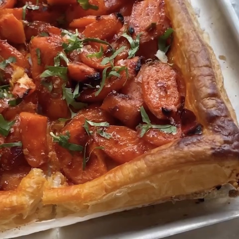 Sticky carrot & harissa tart