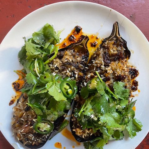 Sticky rice stuffed eggplant