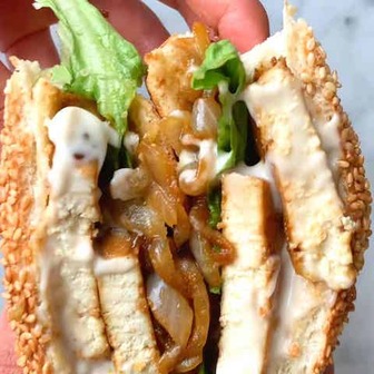 Caramelised tofu and onion sandwich