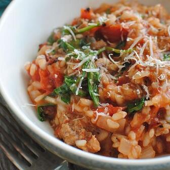 Tomato, sausage and spinach risotto